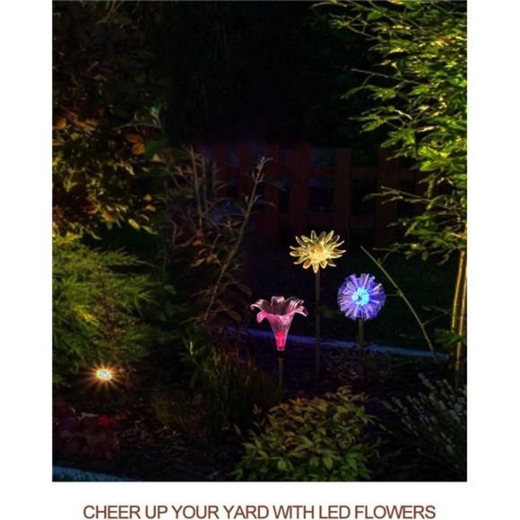 Set of 3 LED Solar Stake Lights Color Changing -Outdoor Multi Color Solar Flower - Picture 2 of 6